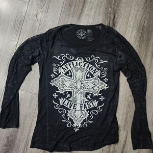Affliction Womens Shirt Rhinestone Crystal Bling Lace Sexy Y2k Fleur De Lis